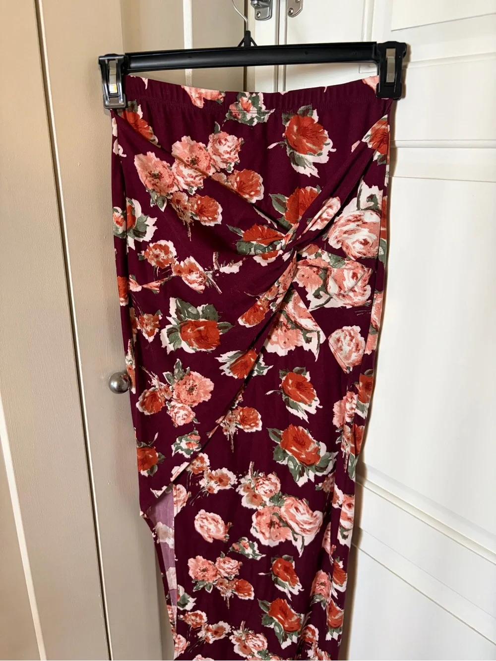 Floral Maxi Skirt in Burgundy with Pink Rose Print
